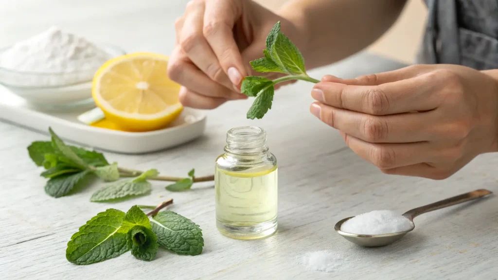 Membuat deodoran alami dengan lemon, baking soda, dan daun mint.