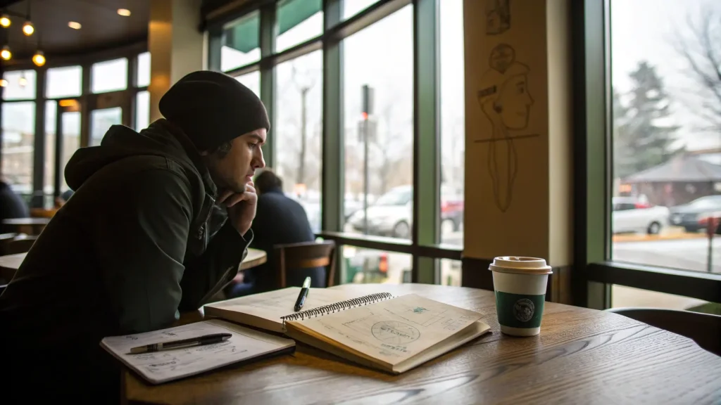Pria sedang mencari ide nama brand Sansekerta di kafe