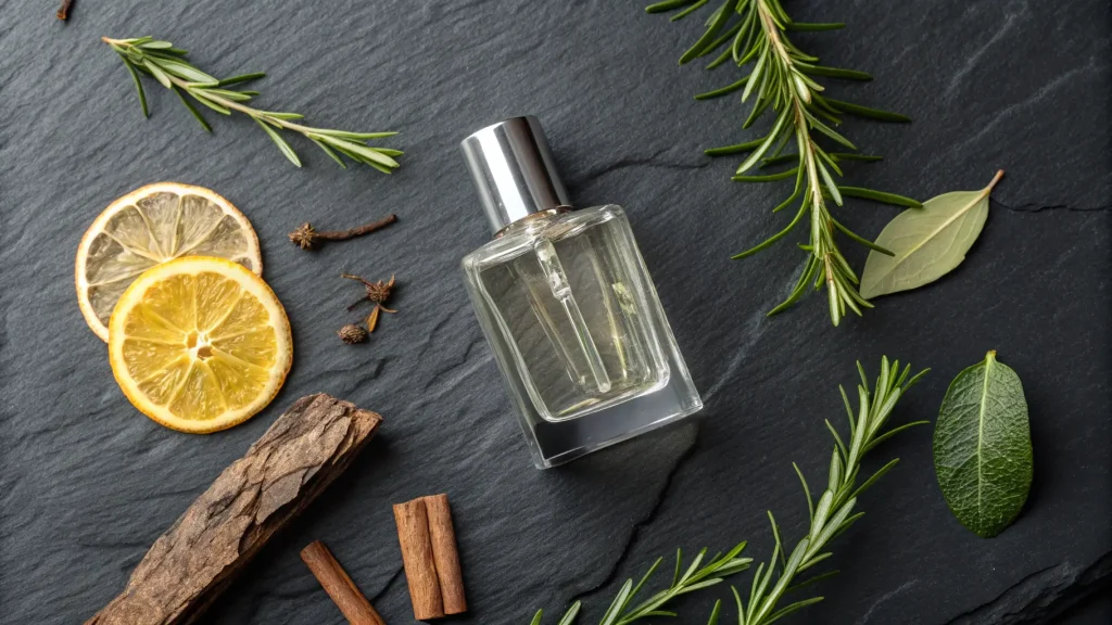 Botol parfum unisex dikelilingi bahan alami seperti lemon, kayu manis, dan rosemary.