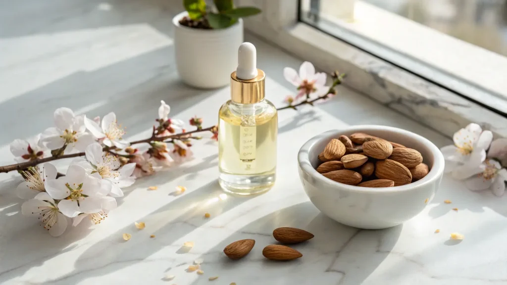 Botol serum ekstrak almond di samping mangkuk berisi kacang almond dan hiasan bunga almond.