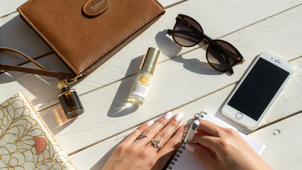 Wanita menulis di buku di samping parfum roll on dan barang bawaan lainnya di atas meja.