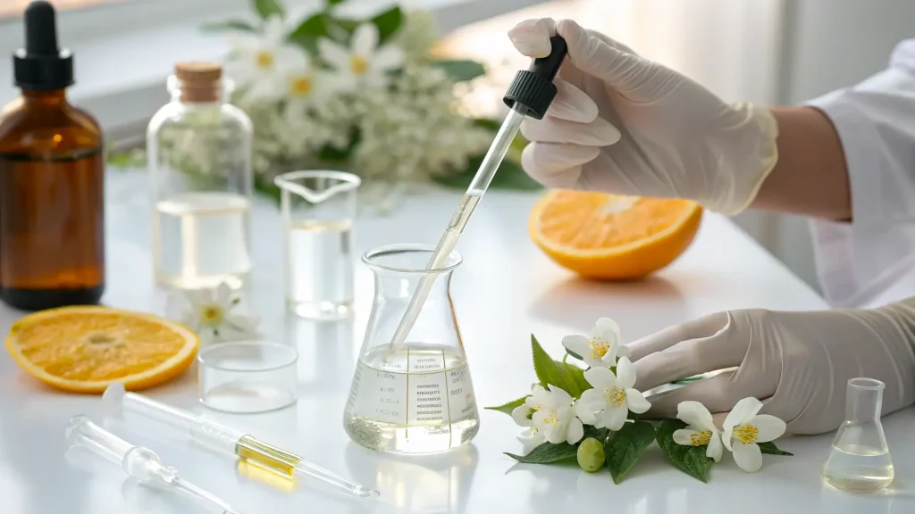 Formulator sedang mencampur bahan alami untuk membuat sampel hair perfume di laboratorium.