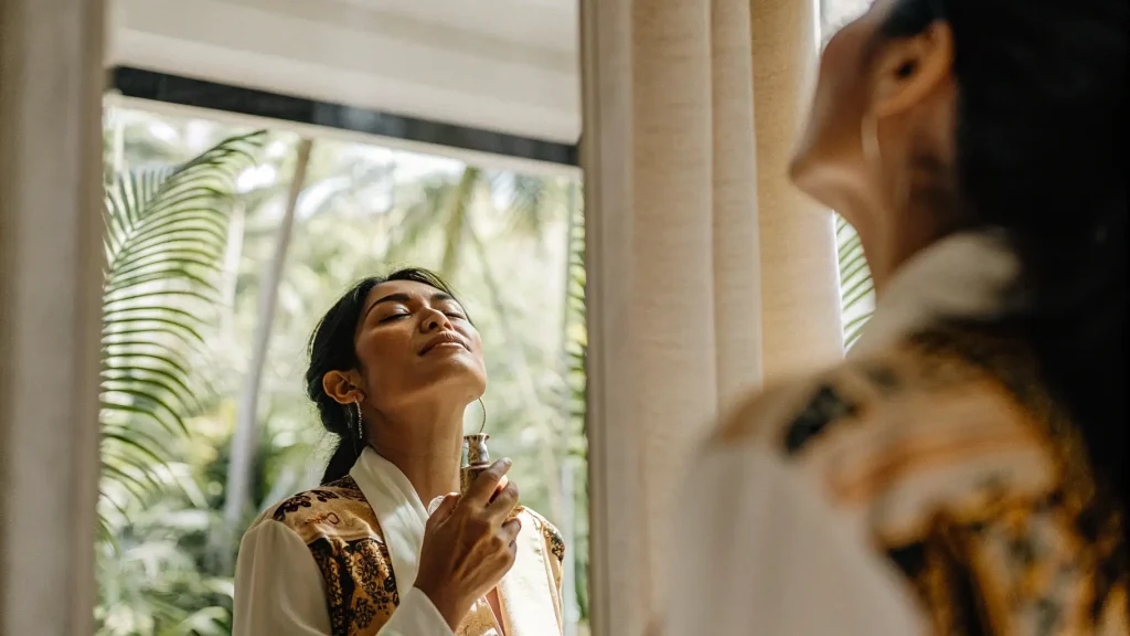 Seorang wanita sedang mengaplikasikan parfum di lehernya.