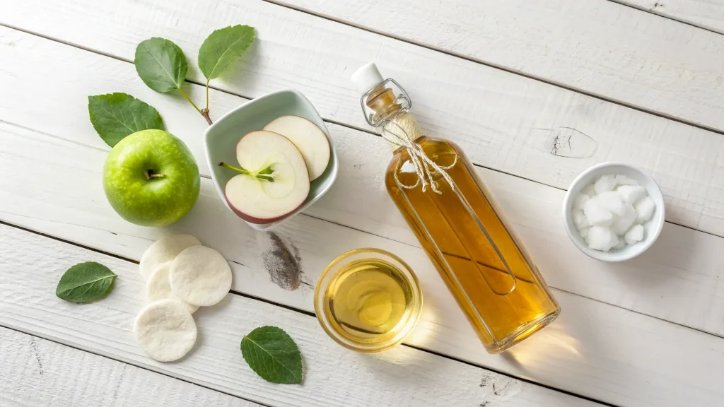 Sebotol cuka apel, buah apel segar, dan kapas sebagai bahan toner wajah.