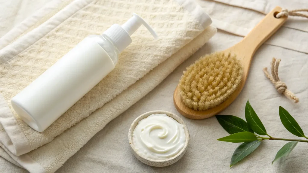 Body lotion, sikat tubuh, dan krim pelembap untuk merawat chicken skin.