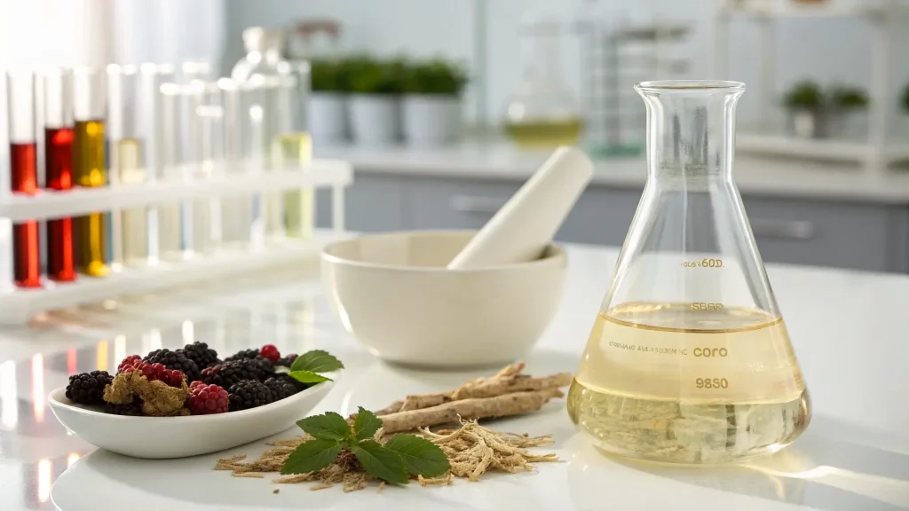 Bahan alami mulberry dan akar manis dengan serum di laboratorium.