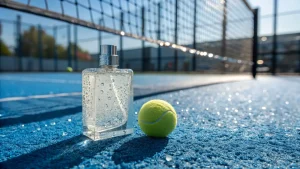 Botol parfum bening dan bola padel di lapangan biru.