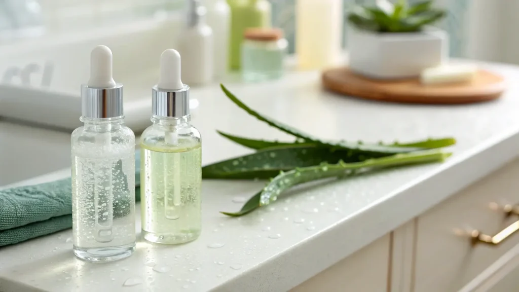 Dua botol serum di meja kamar mandi dengan daun aloe vera.