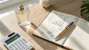 Botol parfum di samping kalkulator dan buku catatan berisi perhitungan profit.