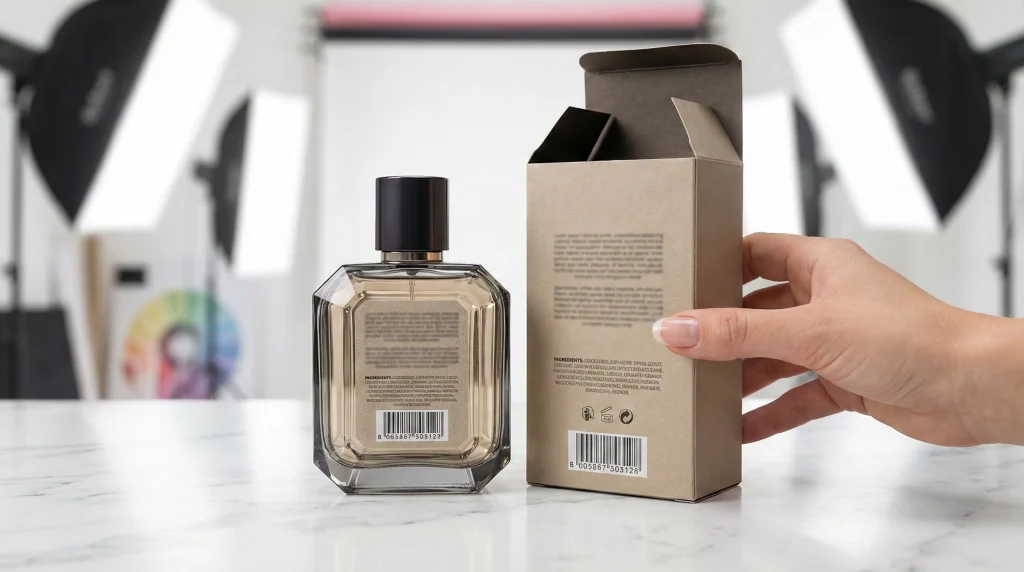 A high quality product photography shot of a premium perfume bottle standing next to its open packaging box on a clean white marble surface