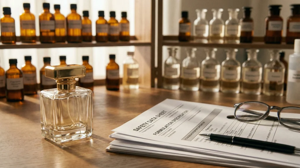 eye level still life shot of a perfume formulation workspace