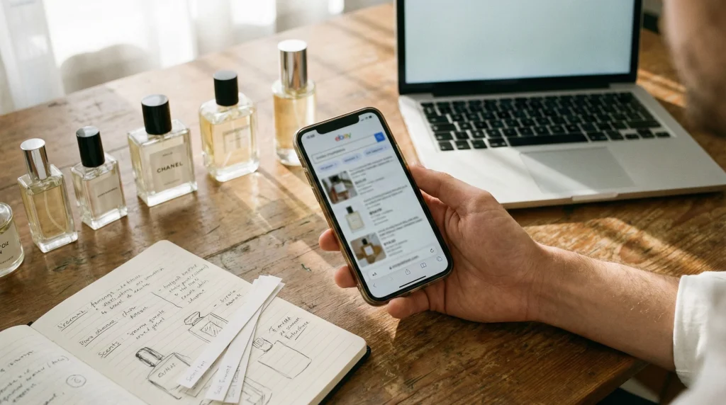 high angle shot of a busy wooden workspace belonging to a perfume brand owner.