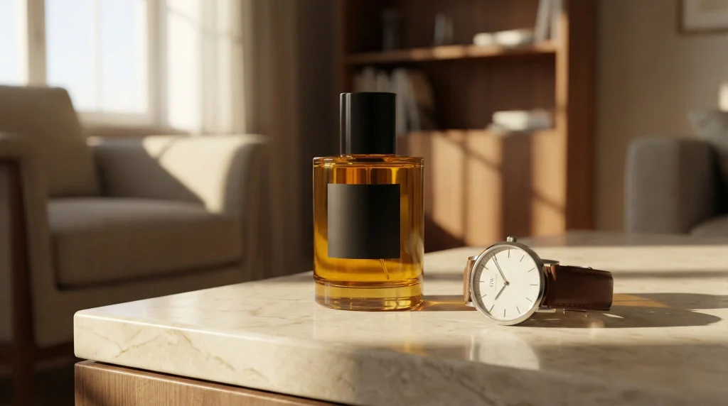 realistic product photography shot of an elegant amber glass perfume bottle sitting on a polished marble surface next to a classic, minimalist wristwatch