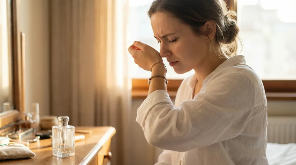 a young woman standing in a sunlit bedroom, dressed in a casual white blouse