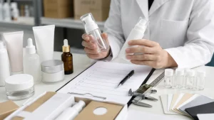 Sampel kemasan skincare ditinjau di meja kerja sebelum proses produksi maklon