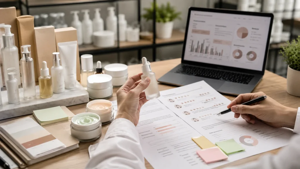 Meja pengembangan produk kosmetik dengan sample skincare, mockup kemasan, dan catatan feedback pembeli