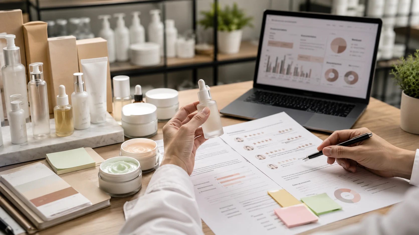 Meja pengembangan produk kosmetik dengan sample skincare, mockup kemasan, dan catatan feedback pembeli