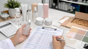 Meja kerja berisi sampel skincare, kalkulator, dan catatan harga produksi yang buram