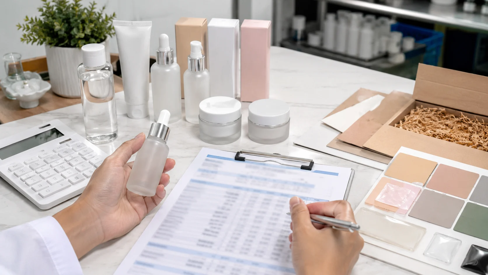 Meja kerja berisi sampel skincare, kalkulator, dan catatan harga produksi yang buram