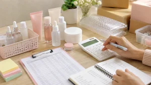 Meja kerja dengan produk kosmetik, kalkulator, dan catatan harga untuk menghitung margin reseller