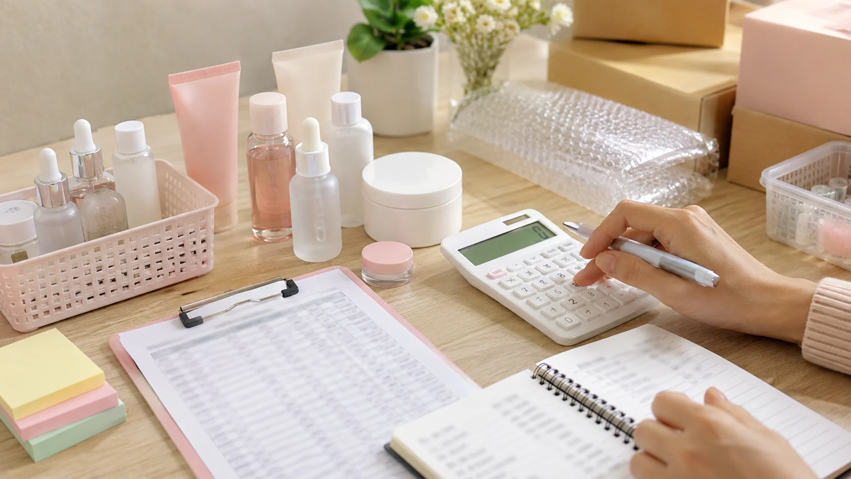 Meja kerja dengan produk kosmetik, kalkulator, dan catatan harga untuk menghitung margin reseller