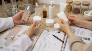 Meja seleksi produk skincare dengan sampel, kemasan kosong, dan catatan produksi maklon