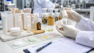 Sampel produk skincare dan mockup kemasan sedang ditinjau di meja kerja maklon kosmetik