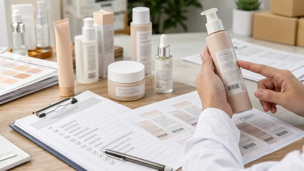 Contoh kemasan kosmetik tanpa merek sedang diperiksa bersama lembar label dan checklist produk