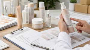 Contoh kemasan kosmetik tanpa merek sedang diperiksa bersama lembar label dan checklist produk