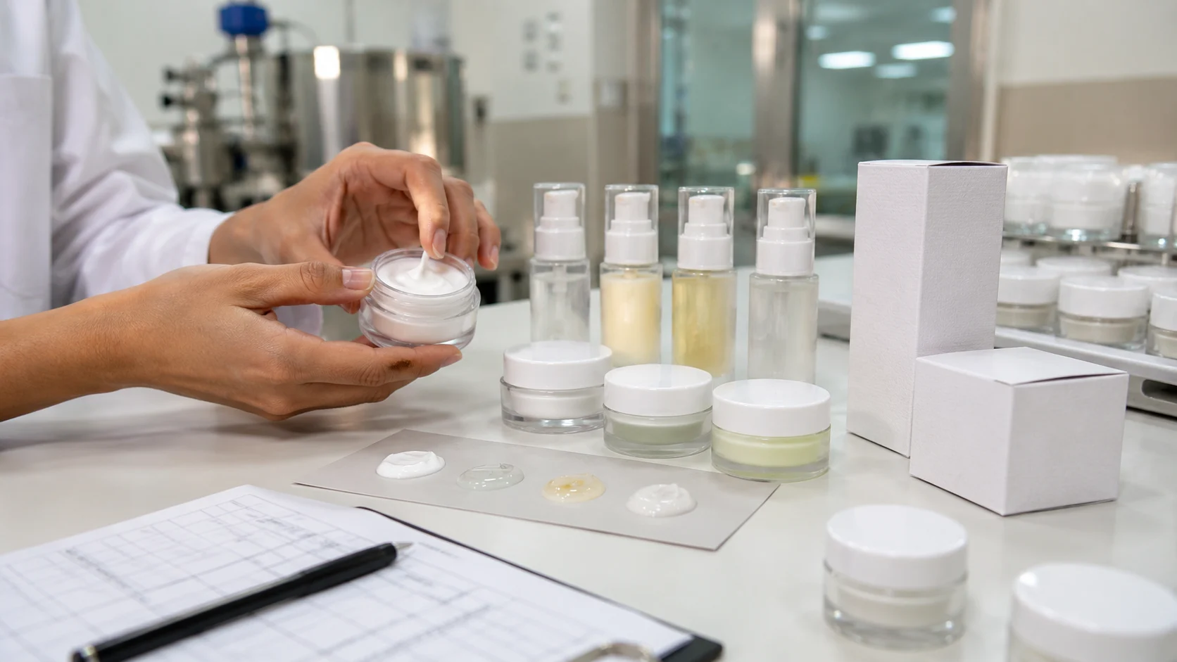 Tangan menilai sample skincare, kemasan, dan catatan uji sebelum produksi kosmetik