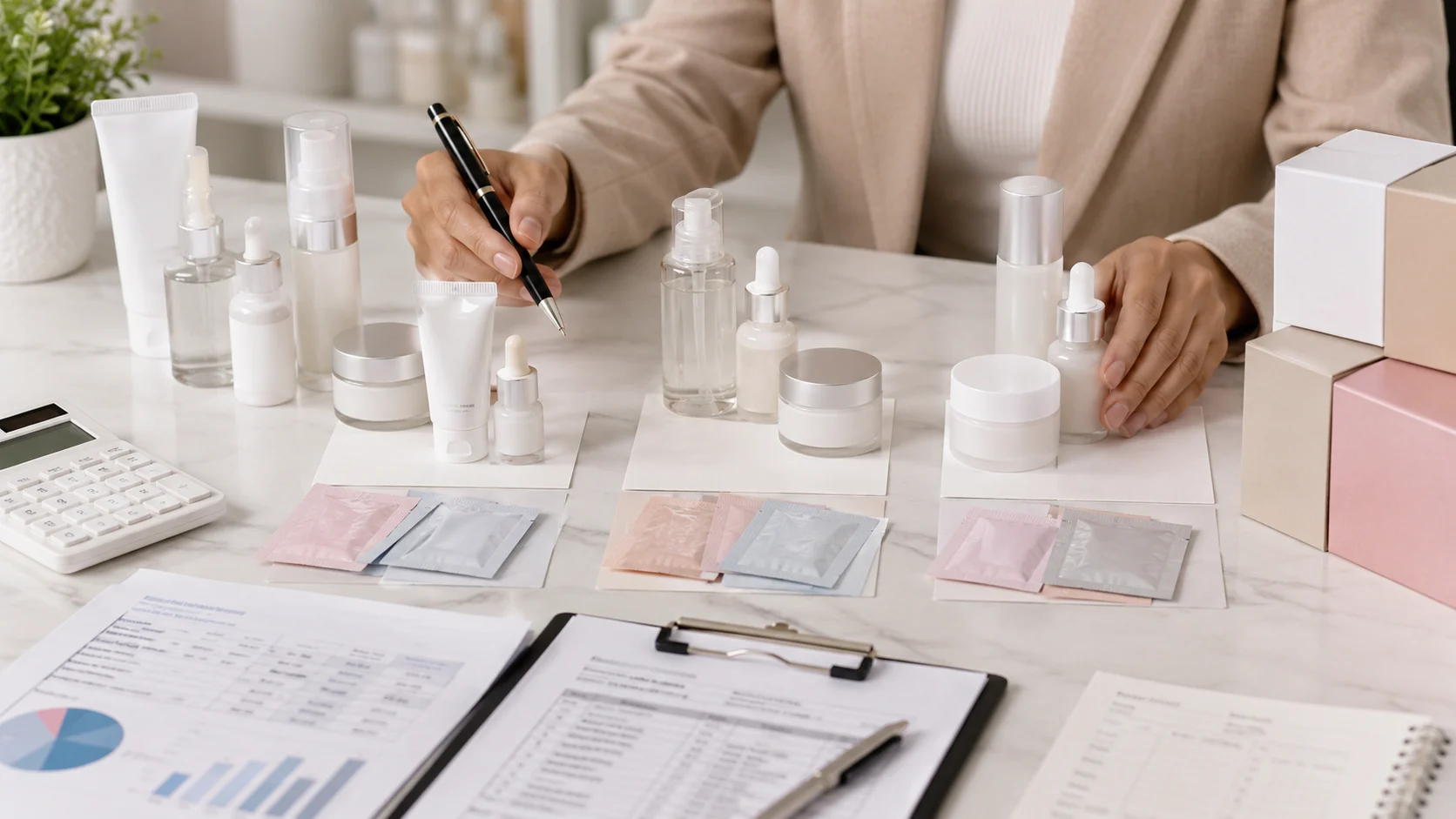 Meja perencanaan bundling skincare dengan produk tanpa merek, kemasan contoh, dan kalkulator