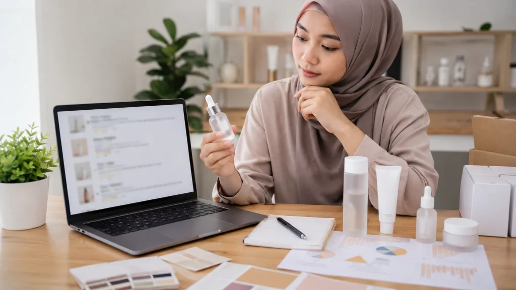 Pemilik brand meninjau review marketplace untuk riset peluang produk skincare.