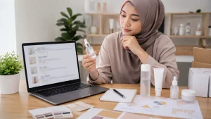 Pemilik brand meninjau review marketplace untuk riset peluang produk skincare.