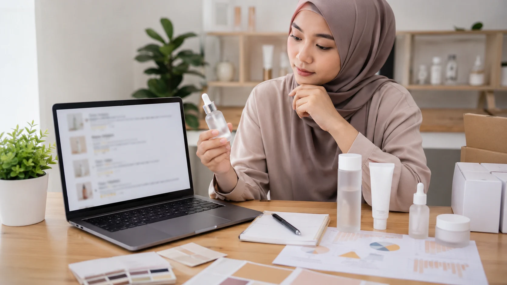 Pemilik brand meninjau review marketplace untuk riset peluang produk skincare.