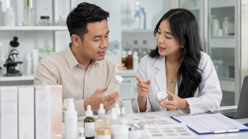 Brand owner berdiskusi dengan konsultan maklon kosmetik sambil meninjau sampel dan kemasan produk.