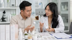 Brand owner berdiskusi dengan konsultan maklon kosmetik sambil meninjau sampel dan kemasan produk.