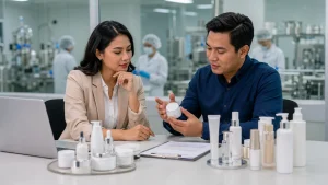 Brand owner berdiskusi dengan konsultan pabrik maklon kosmetik sambil meninjau sampel produk dan dokumen.