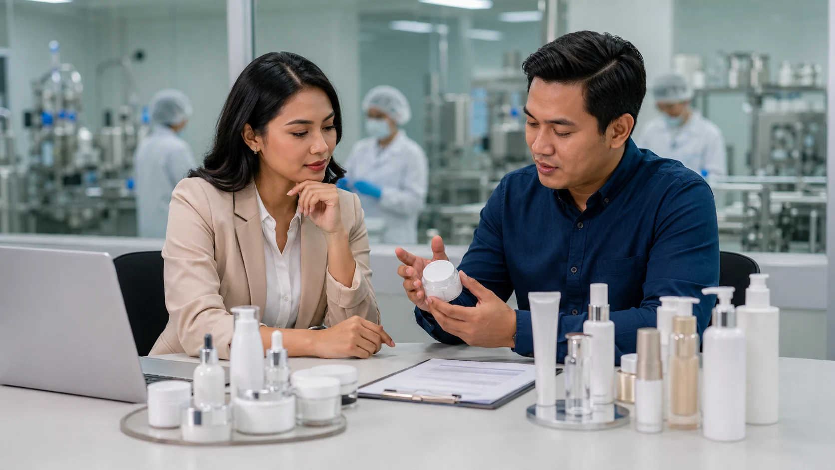 Brand owner berdiskusi dengan konsultan pabrik maklon kosmetik sambil meninjau sampel produk dan dokumen.