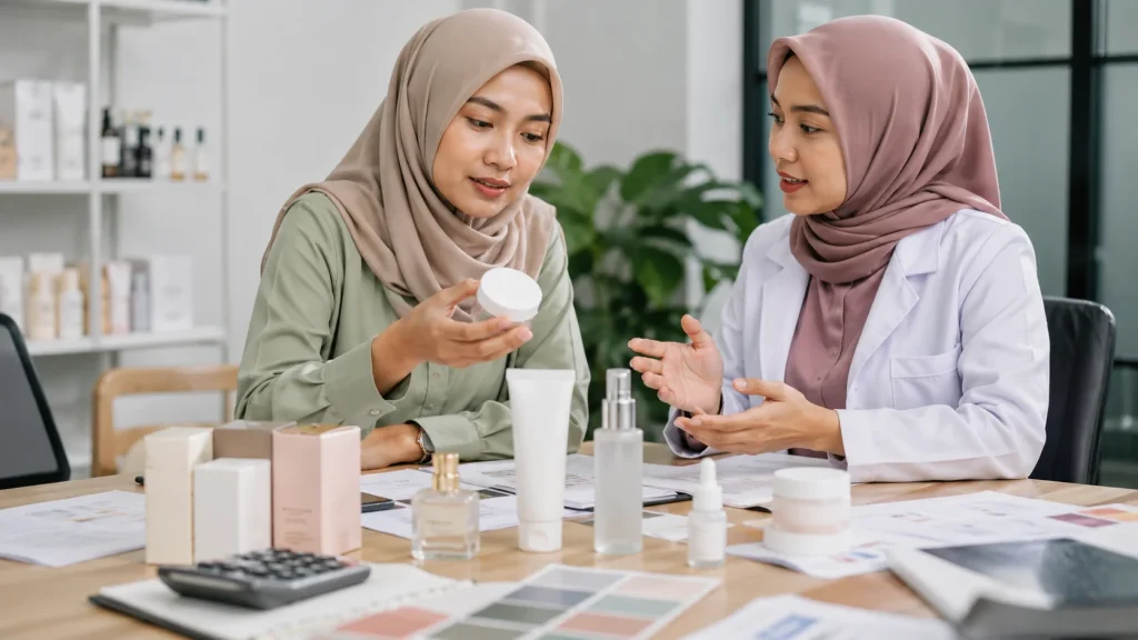 Brand owner membandingkan sampel produk kosmetik pertama bersama konsultan maklon.