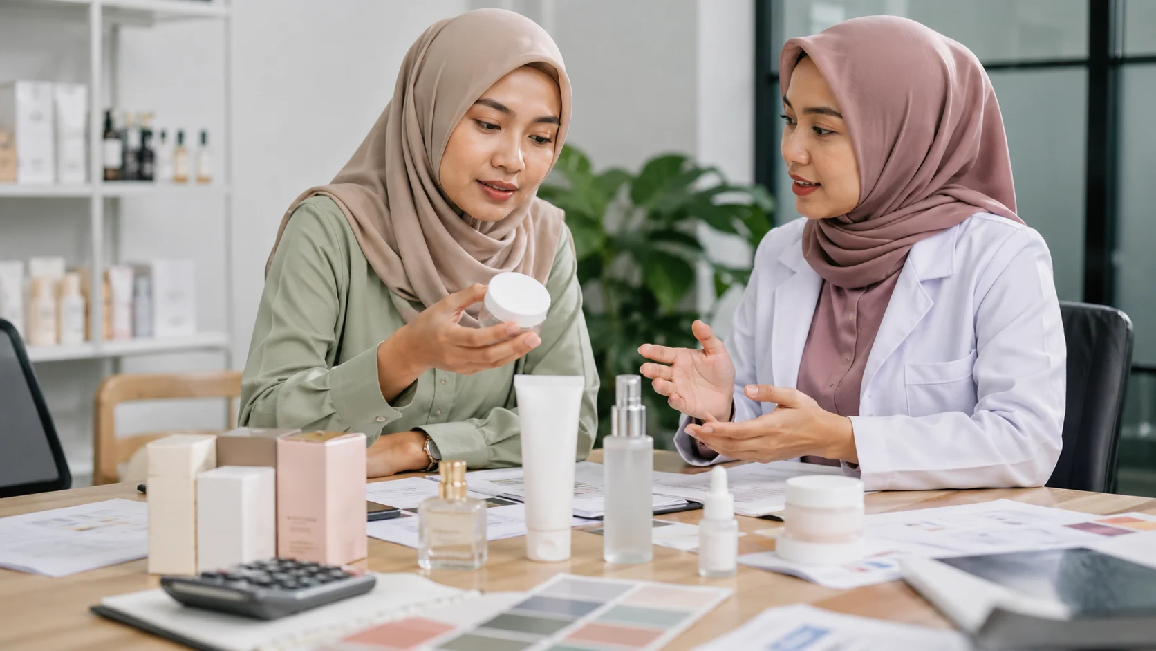 Brand owner membandingkan sampel produk kosmetik pertama bersama konsultan maklon.