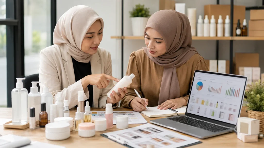 Diskusi riset kompetitor kosmetik dengan sampel produk, kemasan, dan catatan perbandingan.