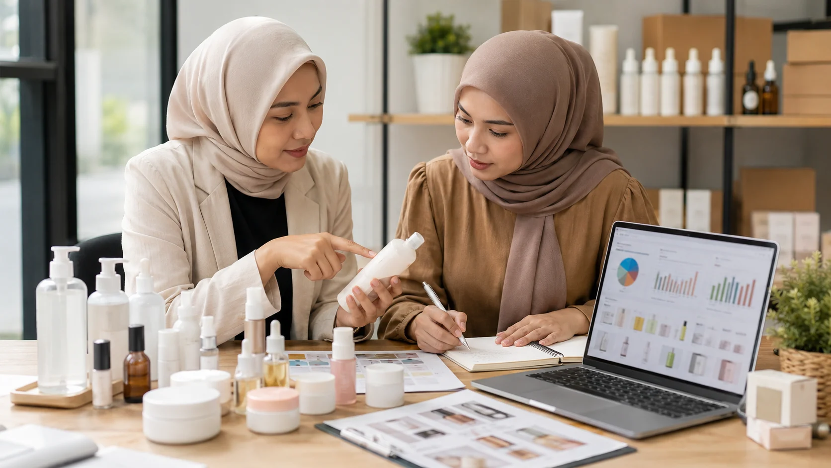 Diskusi riset kompetitor kosmetik dengan sampel produk, kemasan, dan catatan perbandingan.