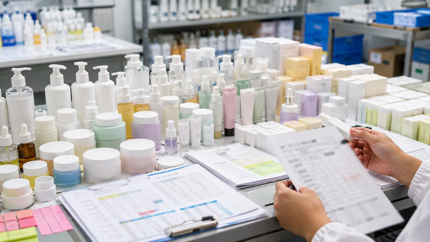 Banyak sampel skincare tanpa merek di meja produksi dengan catatan stok yang buram