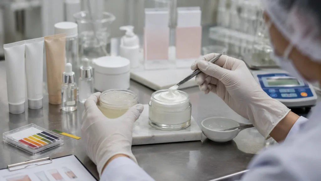 Perbandingan sample skincare revisi di meja formulasi dengan catatan batch buram