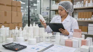 Tumpukan produk kosmetik tanpa merek dan catatan stok di area penyimpanan produksi