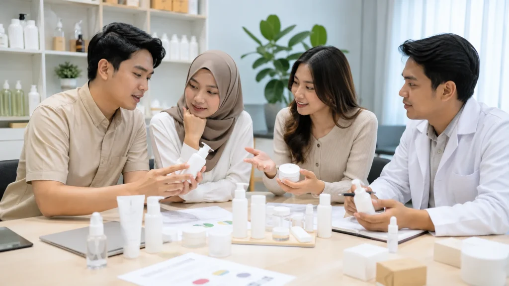 Pemilik brand skincare berdiskusi dengan tim maklon tentang target pembeli dan sampel produk.