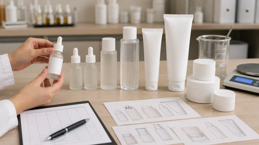 Sampel kemasan skincare berbagai ukuran di meja review produksi maklon