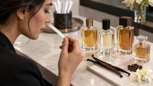 Seseorang membandingkan aroma vanilla pada blotter di depan beberapa botol parfum tanpa merek.