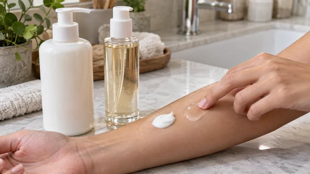 Perbandingan body lotion dan body serum dengan dua sampel tekstur produk yang dioleskan pada kulit lengan.