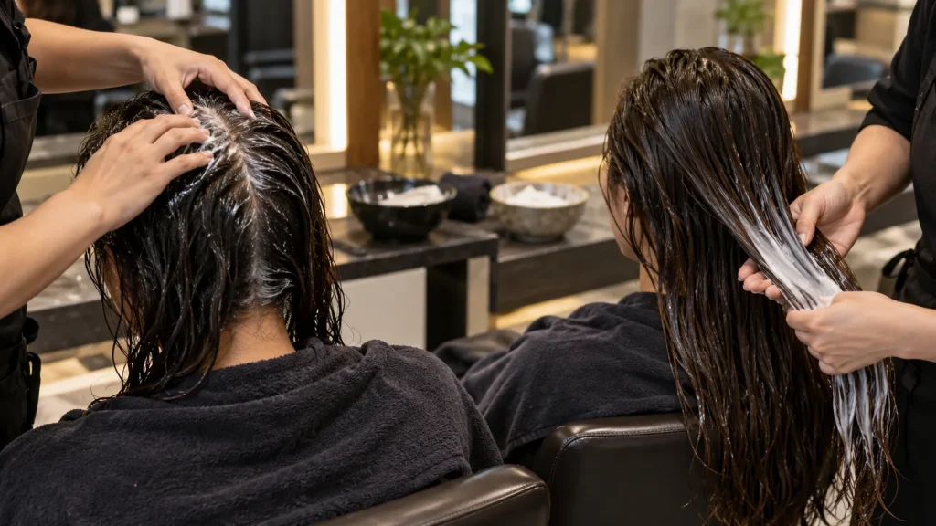 Perbandingan creambath dengan pijatan kulit kepala dan hair mask yang dioleskan pada batang rambut di salon